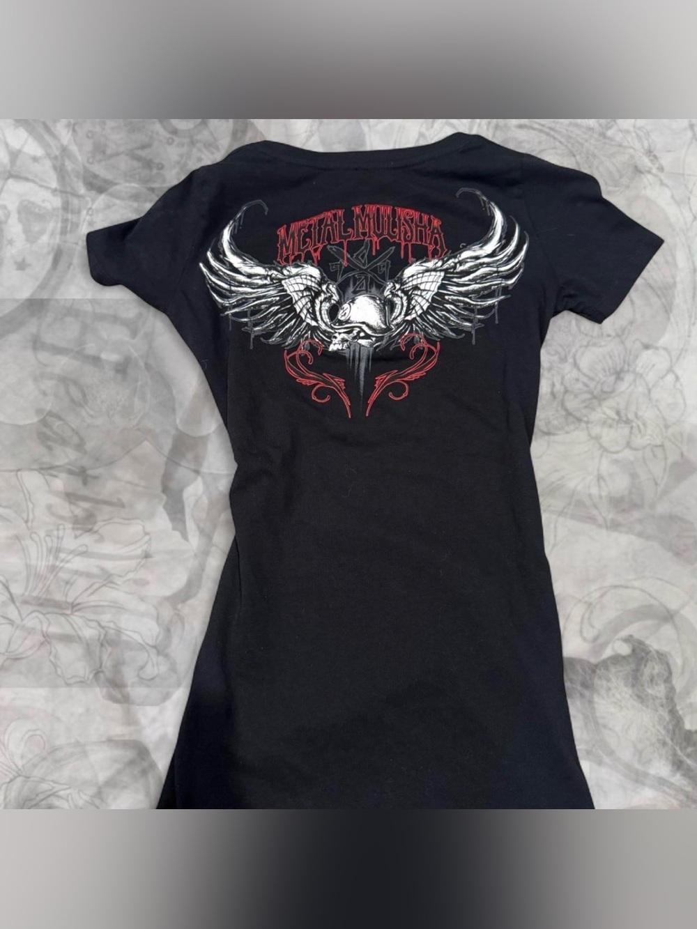 Metal Mulisha Black Tee with White and Red Winged Skull
